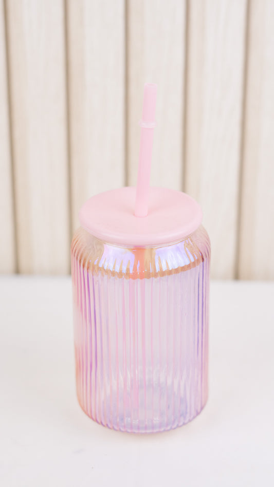 Vaso Pequeño de Cristal Rosado con Popote