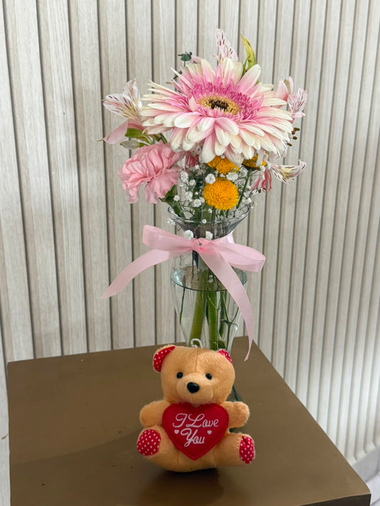 Jarrón con Gerbera + Mini Oso