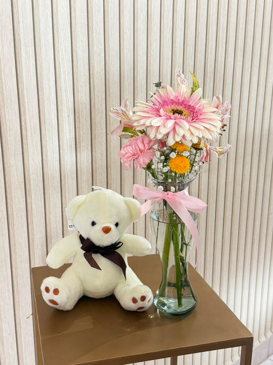 Peluche + Jarrón con Gerbera
